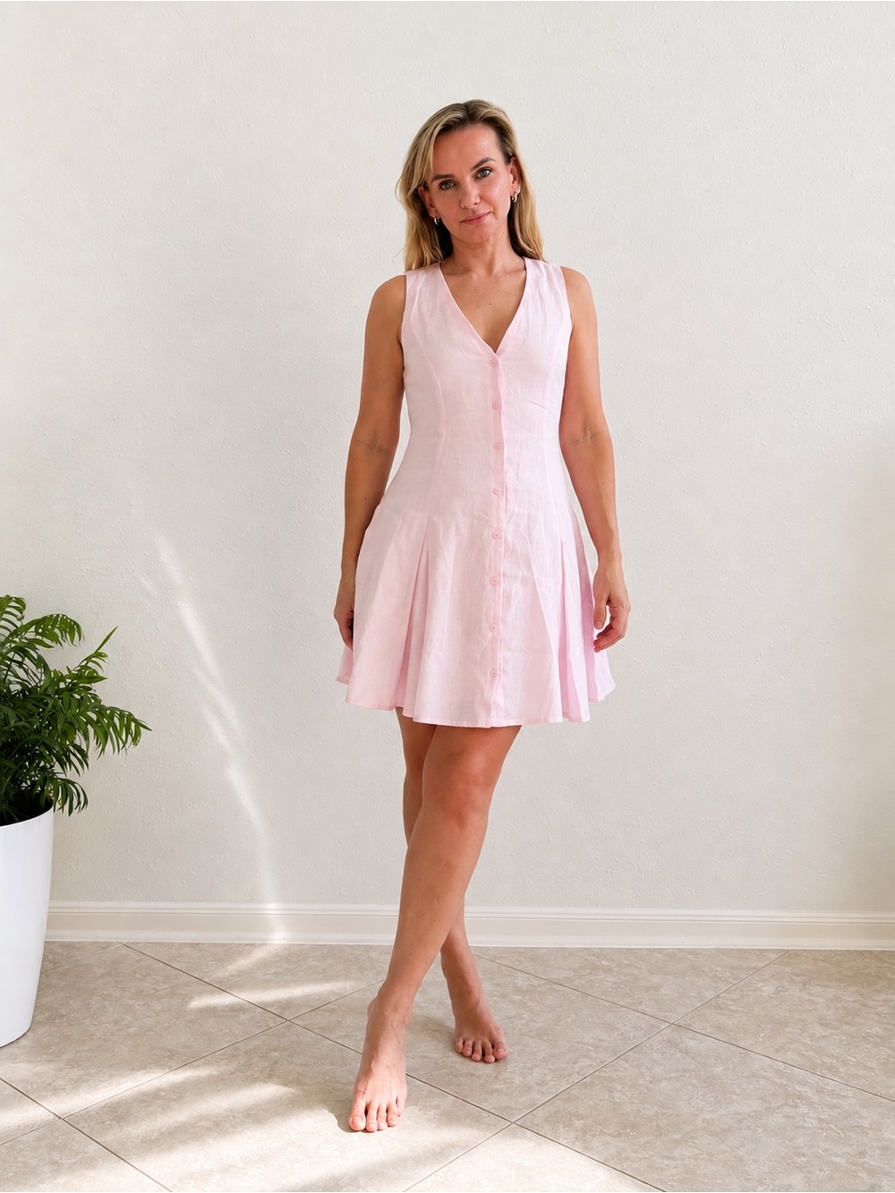 J.Crew Pink Linen Mini Dress Size XS Button Front Tie Back